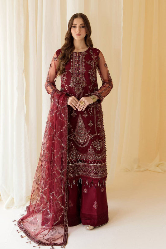 Alizeh | Formals Collection | Embroidered Net Maroon - V14D08 - Raya - Pakistani Designer Dress - by Alizeh | Type: Formal - 100% Original at Saira Sultan