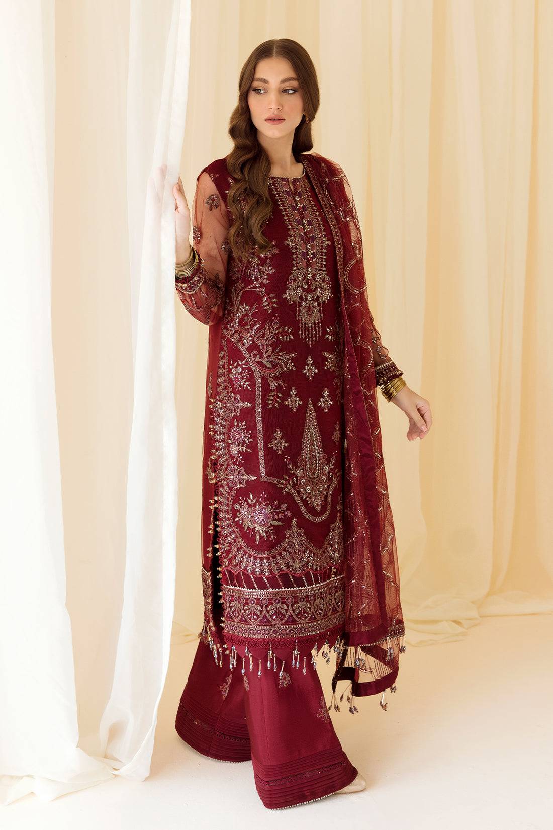 Alizeh | Formals Collection | Embroidered Net Maroon - V14D08 - Raya - Pakistani Designer Dress - by Alizeh | Type: Formal - 100% Original at Saira Sultan
