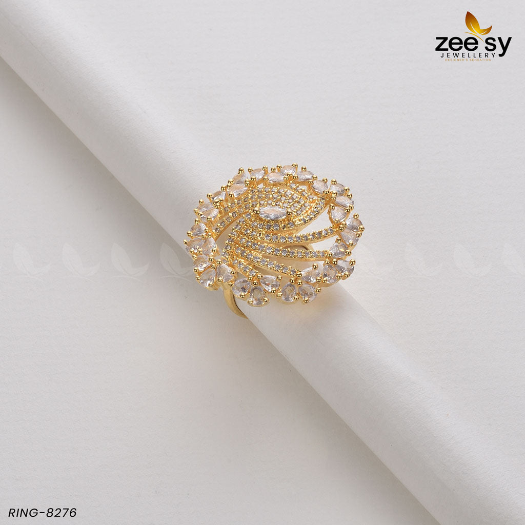 Rhinestone Ring-8276 Golden White