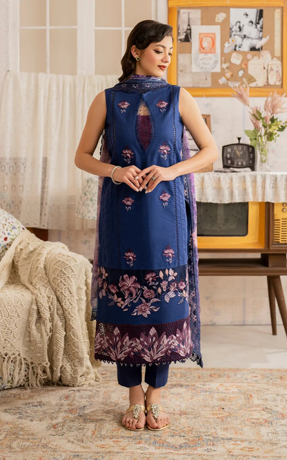 Asifa and Nabeel | Meraki Vintage 25 | Resham (MVL25-18) Custom Size Blue Lawn