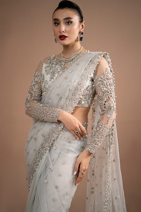 Imrozia Premium | Lumiere Luxury Sarees | 07 Misty Grey - Pakistani Designer Dress - by Imrozia Premium | Type: Formal - 100% Original at Saira Sultan