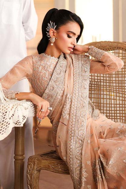 Maria B | Pre Fall Dresses | Embroidered Organza Saree Peach - Pakistani Designer Dress - by Maria B - Type : Ladies Clothes - 100% Original at Saira Sultan