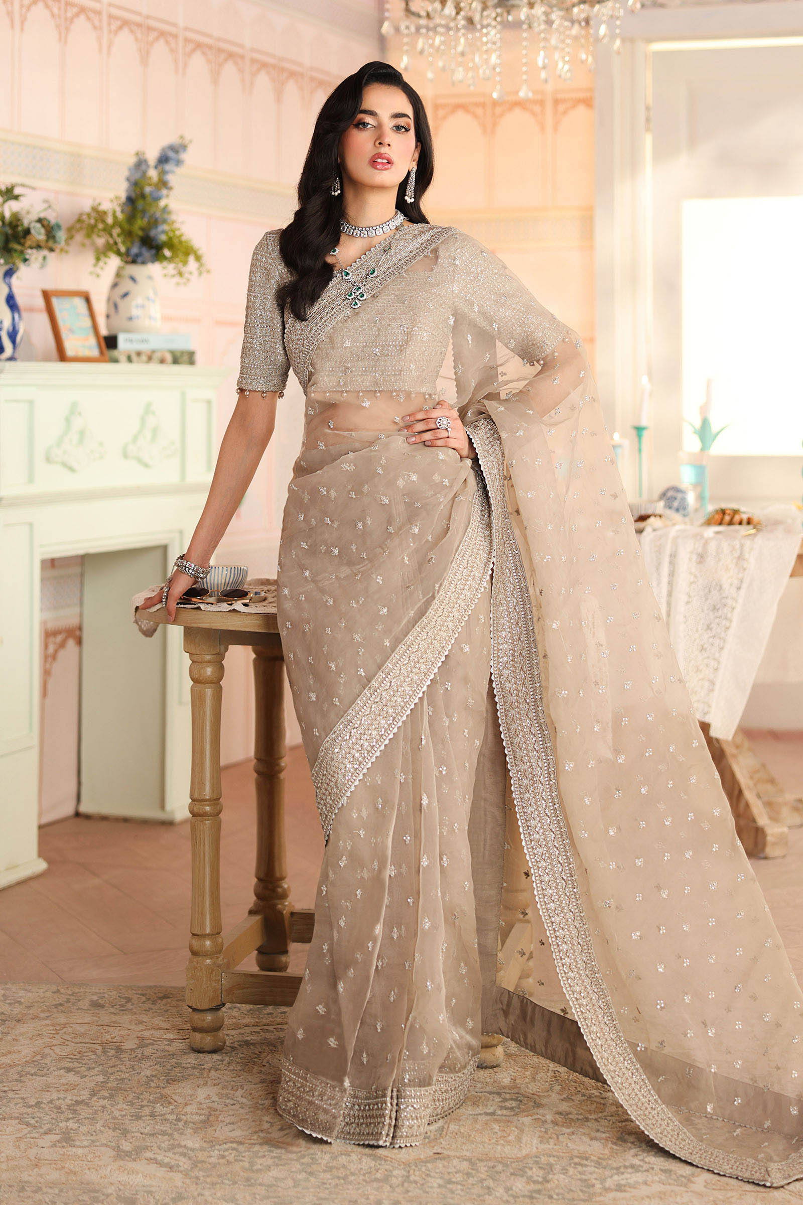 Maria B | Pre Fall Dresses | Embroidered Raw Silk Saree II - Pakistani Designer Dress - by Maria B - Type : Ladies Clothes - 100% Original at Saira Sultan