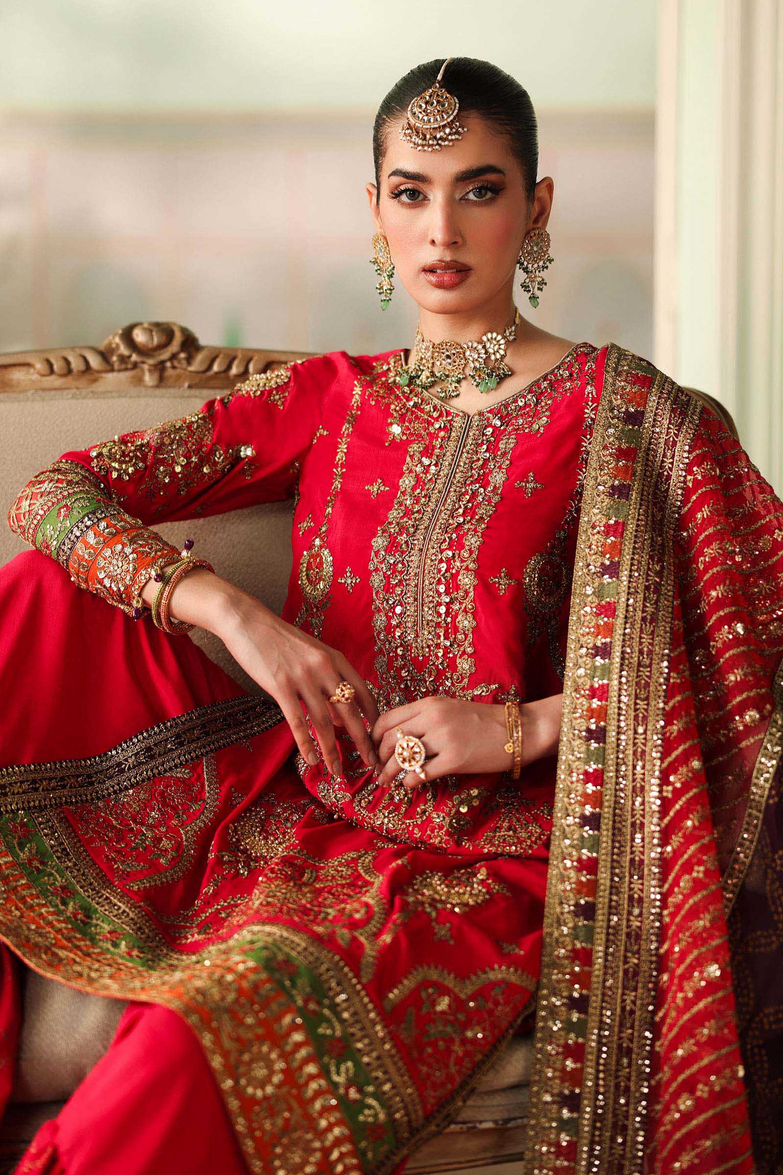 Maria B | Pre Fall Dresses | 3 Piece Embroidered Bamber Raw Silk Suit Carrot Pink - Pakistani Designer Dress - by Maria B - Type : Ladies Clothes - 100% Original at Saira Sultan