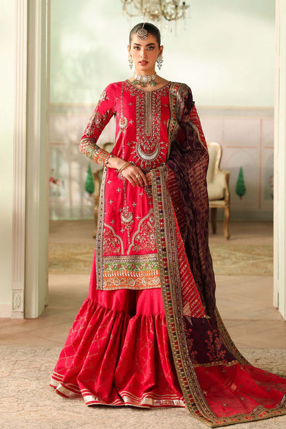 Maria B | Pre Fall Dresses | 3 Piece Embroidered Bamber Raw Silk Suit Carrot Pink - Pakistani Designer Dress - by Maria B - Type : Ladies Clothes - 100% Original at Saira Sultan