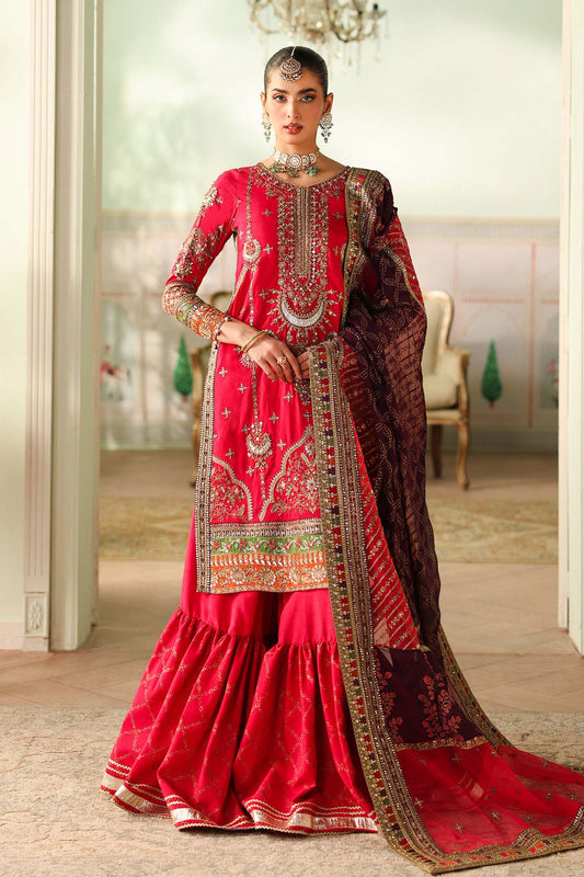 Maria B | Pre Fall Dresses | 3 Piece Embroidered Bamber Raw Silk Suit Carrot Pink - Pakistani Designer Dress - by Maria B - Type : Ladies Clothes - 100% Original at Saira Sultan