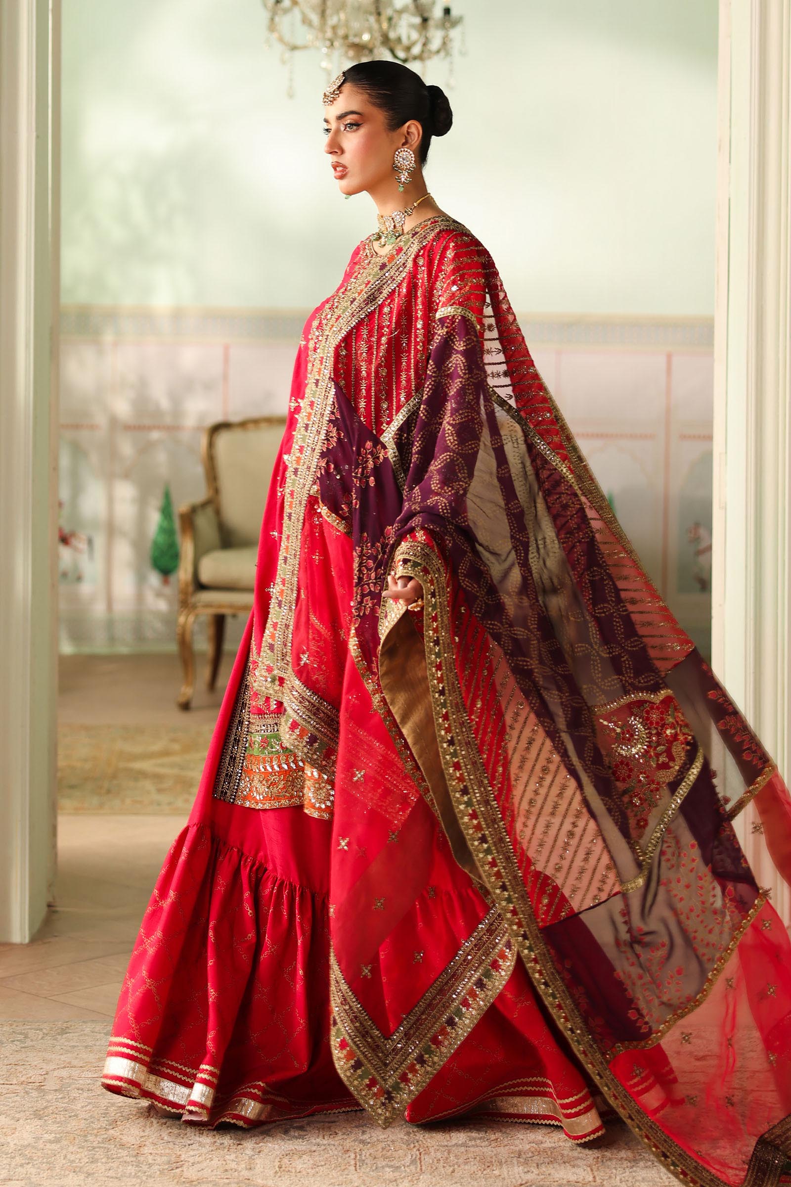 Maria B | Pre Fall Dresses | 3 Piece Embroidered Bamber Raw Silk Suit Carrot Pink - Pakistani Designer Dress - by Maria B - Type : Ladies Clothes - 100% Original at Saira Sultan