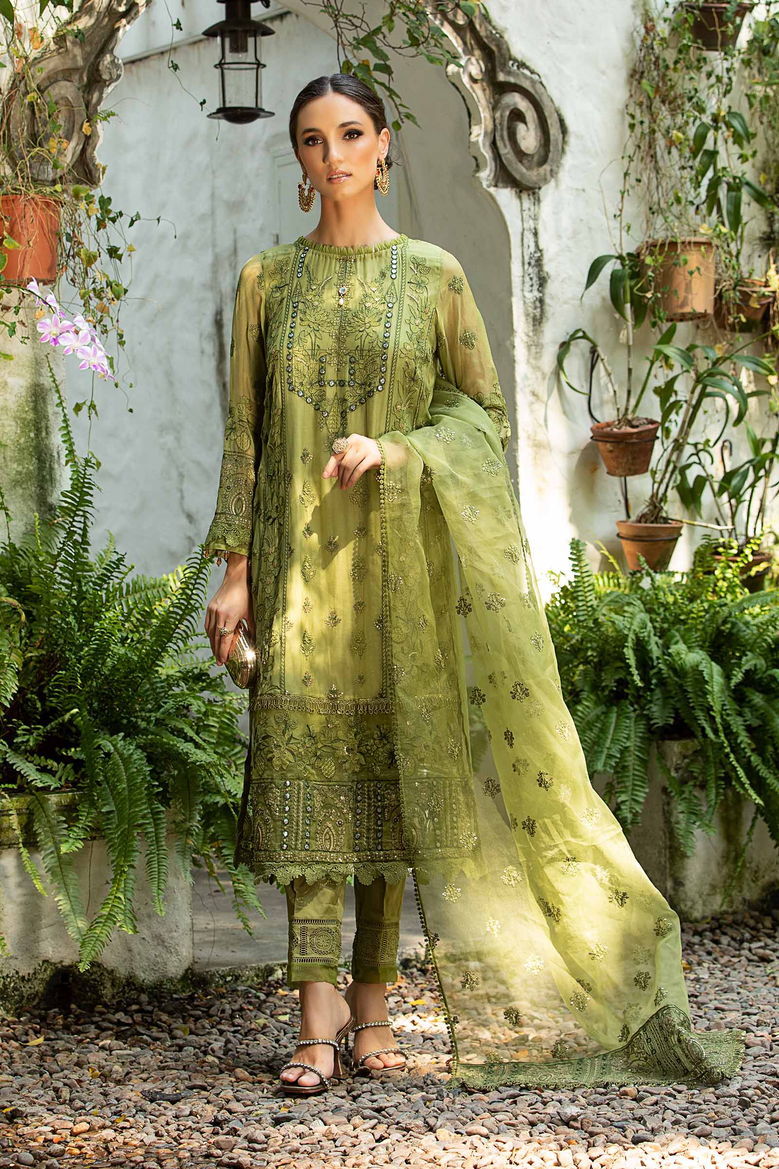 Maria B | Pre Fall Dresses | 3 Piece Embroidered Suit Grape Green - Pakistani Designer Dress - by Maria B - Type : Ladies Clothes - 100% Original at Saira Sultan