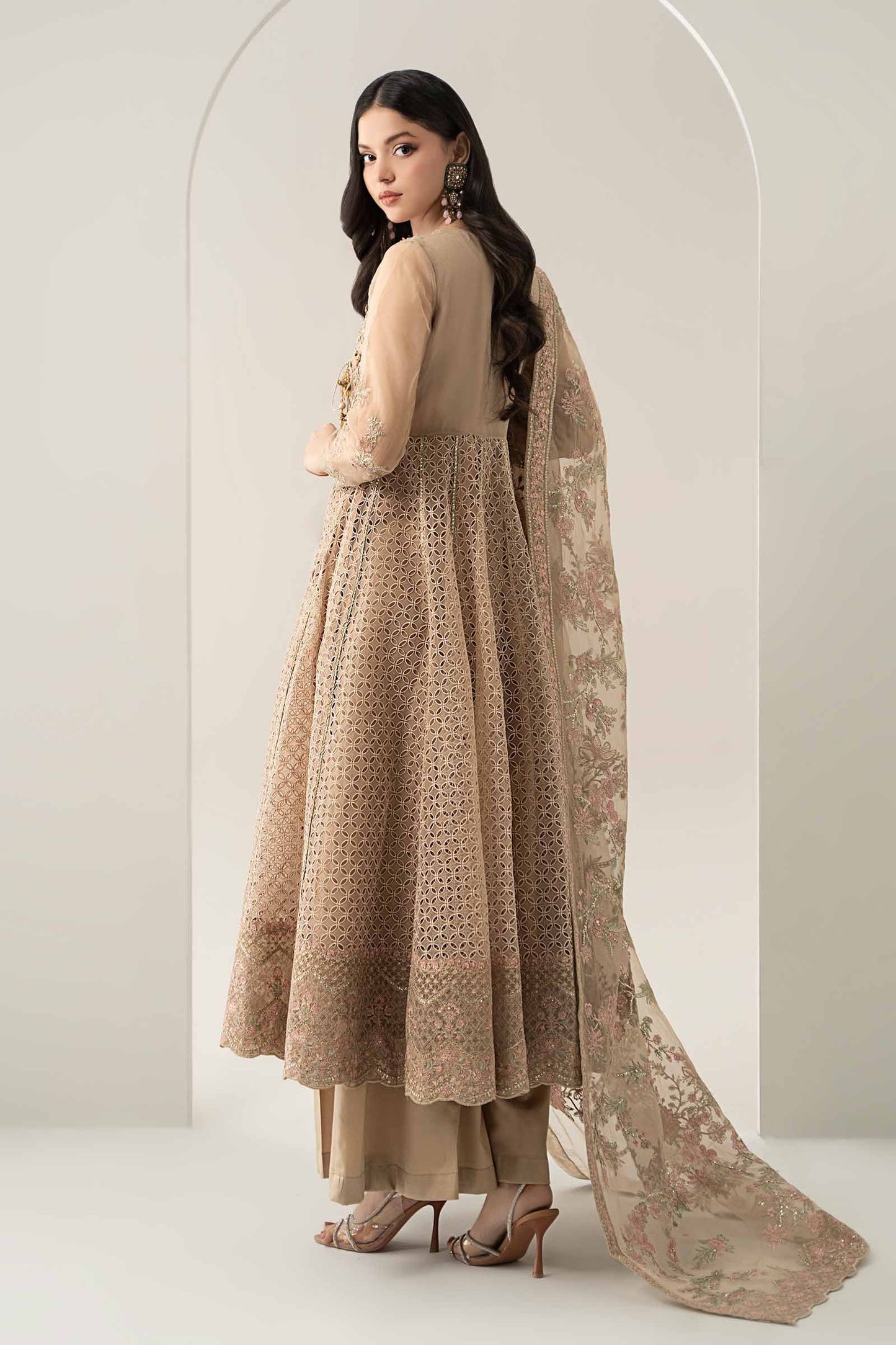 Maria B | Pre Fall Dresses | 3 Piece Embroidered Organza Suit Beige - Pakistani Designer Dress - by Maria B - Type : Ladies Clothes - 100% Original at Saira Sultan
