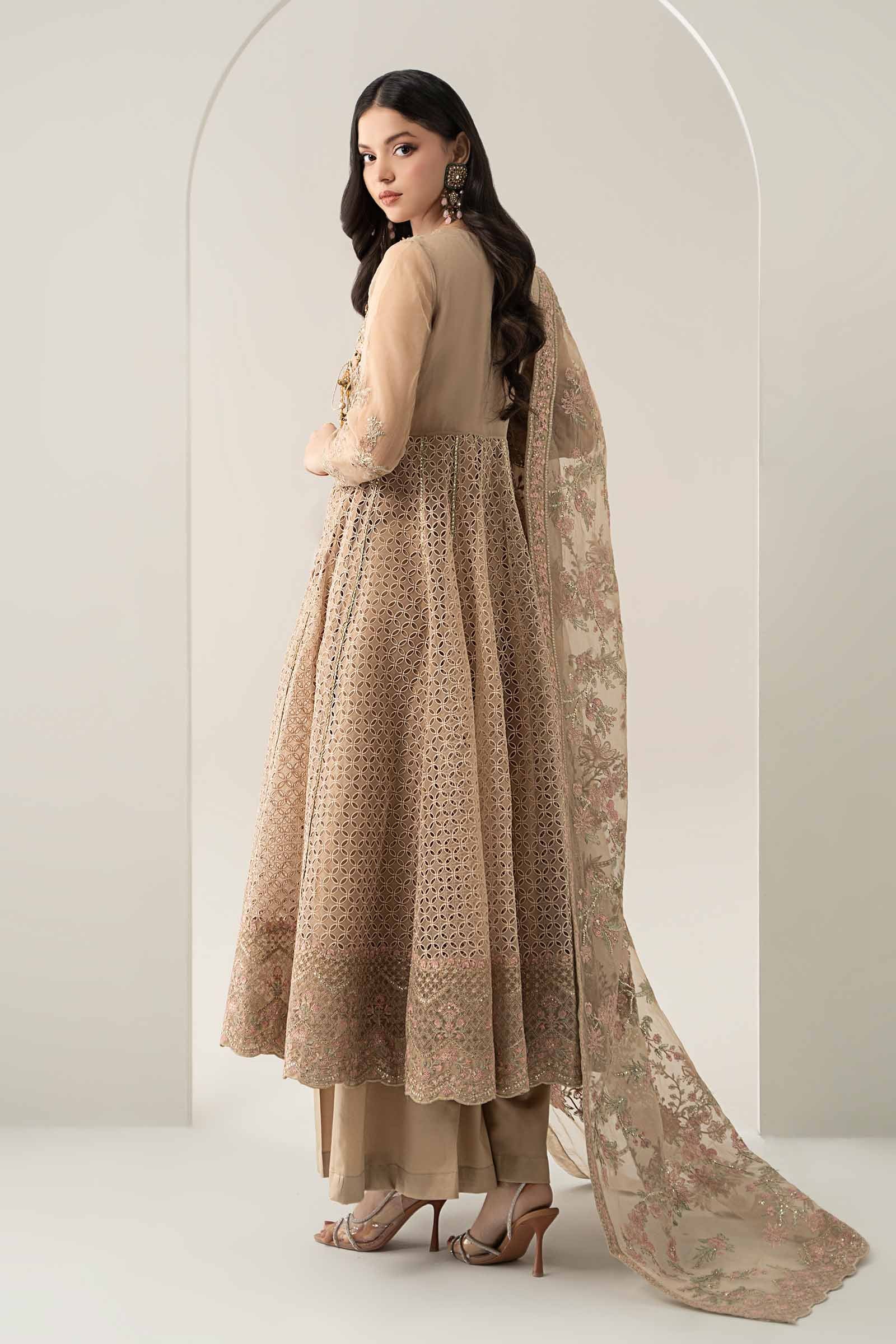 Maria B | Pre Fall Dresses | 3 Piece Embroidered Organza Suit Beige - Pakistani Designer Dress - by Maria B - Type : Ladies Clothes - 100% Original at Saira Sultan
