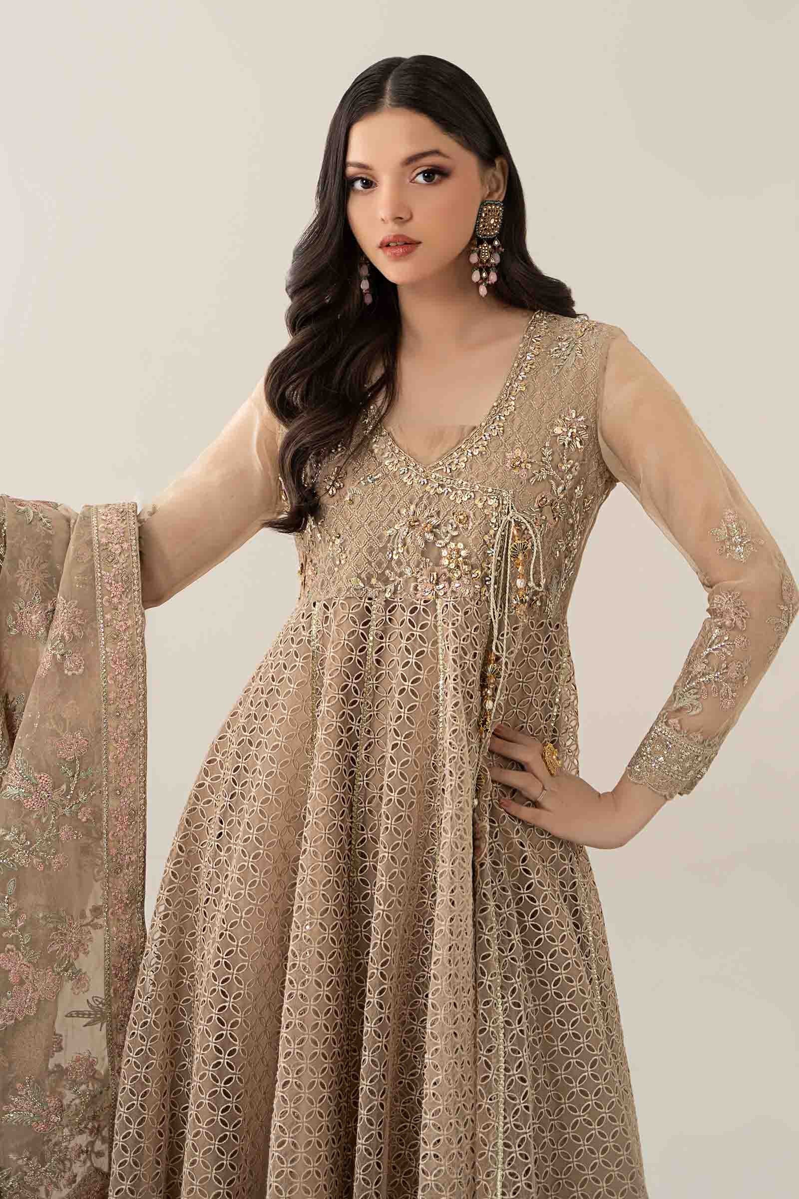 Maria B | Pre Fall Dresses | 3 Piece Embroidered Organza Suit Beige - Pakistani Designer Dress - by Maria B - Type : Ladies Clothes - 100% Original at Saira Sultan
