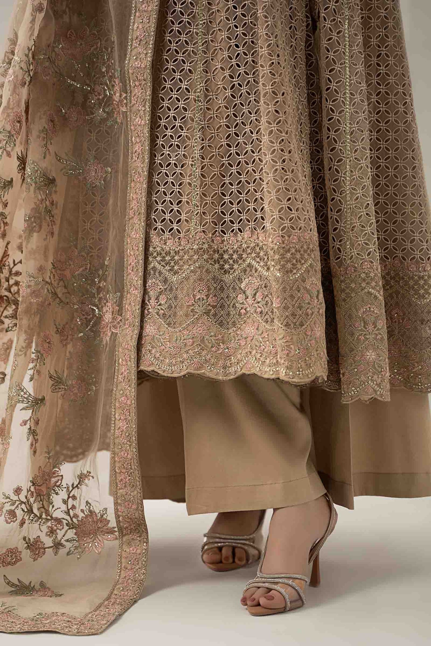 Maria B | Pre Fall Dresses | 3 Piece Embroidered Organza Suit Beige - Pakistani Designer Dress - by Maria B - Type : Ladies Clothes - 100% Original at Saira Sultan