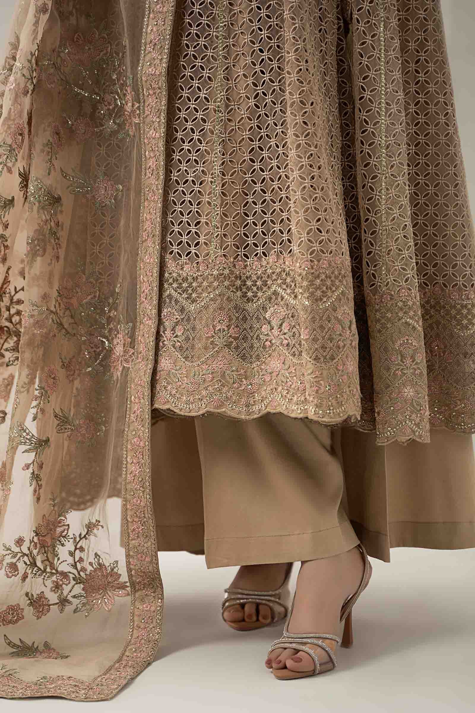 Maria B | Pre Fall Dresses | 3 Piece Embroidered Organza Suit Beige - Pakistani Designer Dress - by Maria B - Type : Ladies Clothes - 100% Original at Saira Sultan