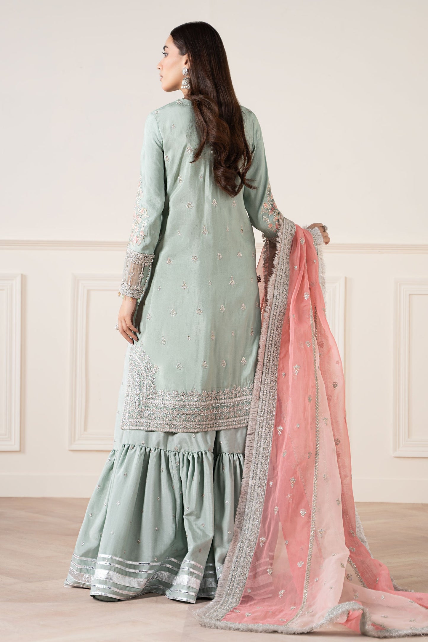 Maria B | Pre Fall Dresses | 3 Piece Embroidered Raw Silk Suit Sea Green - Pakistani Designer Dress - by Maria B - Type : Ladies Clothes - 100% Original at Saira Sultan