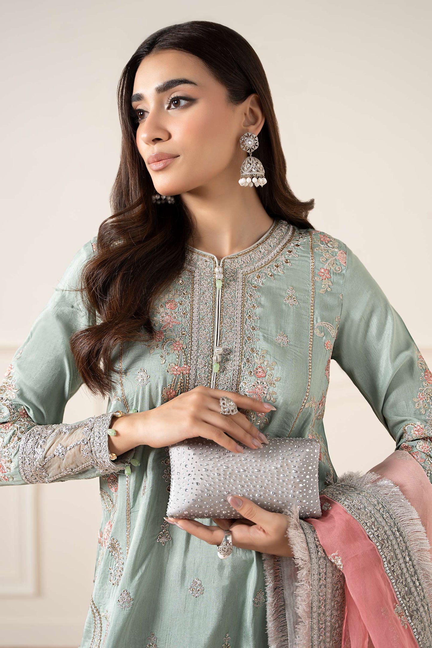 Maria B | Pre Fall Dresses | 3 Piece Embroidered Raw Silk Suit Sea Green - Pakistani Designer Dress - by Maria B - Type : Ladies Clothes - 100% Original at Saira Sultan
