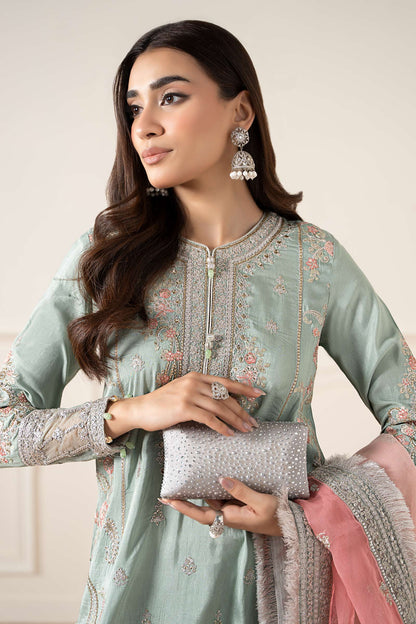 Maria B | Pre Fall Dresses | 3 Piece Embroidered Raw Silk Suit Sea Green - Pakistani Designer Dress - by Maria B - Type : Ladies Clothes - 100% Original at Saira Sultan