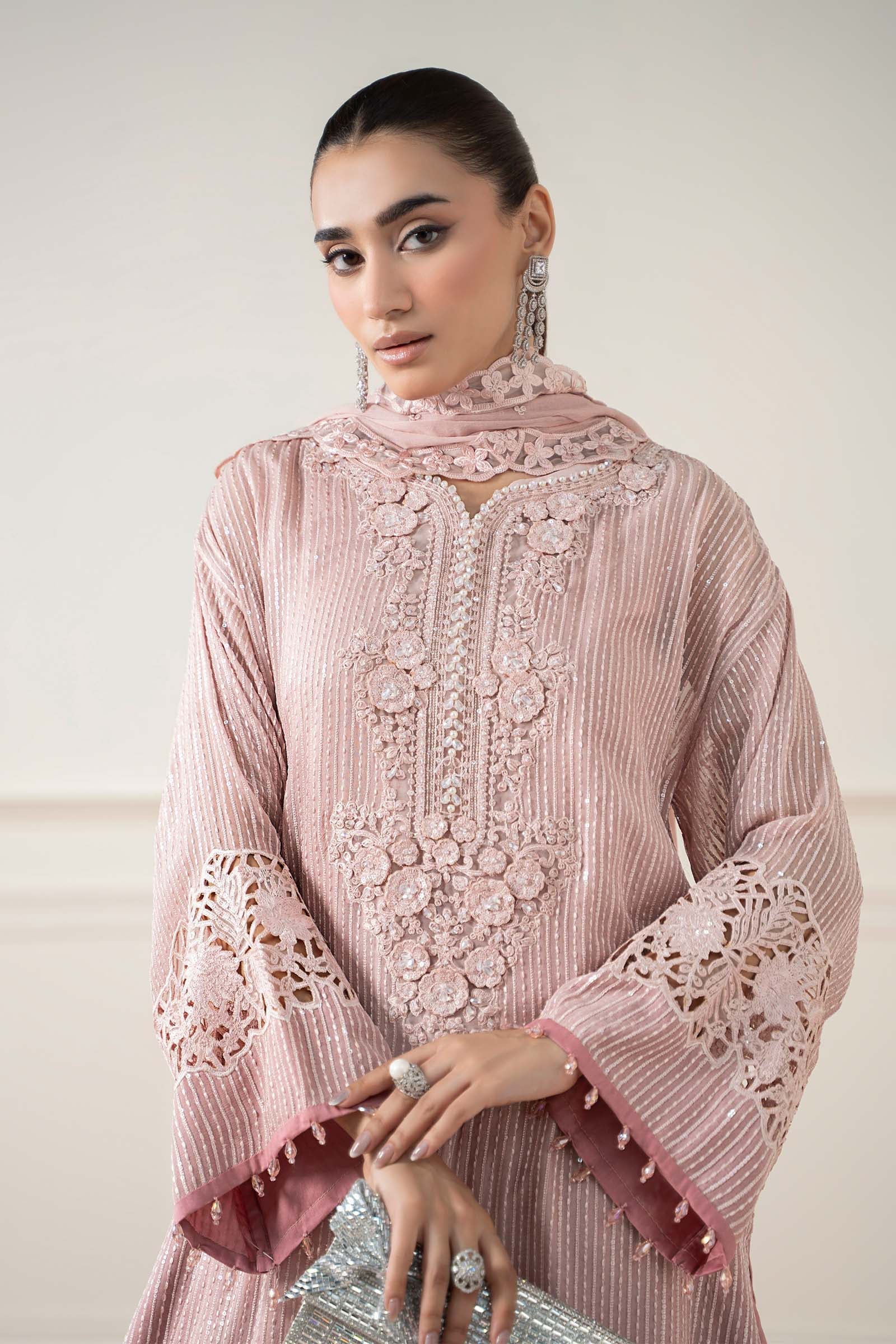Maria B | Pre Fall Dresses | 3 Piece Embroidered Chiffon Suit Pink - Pakistani Designer Dress - by Maria B - Type : Ladies Clothes - 100% Original at Saira Sultan