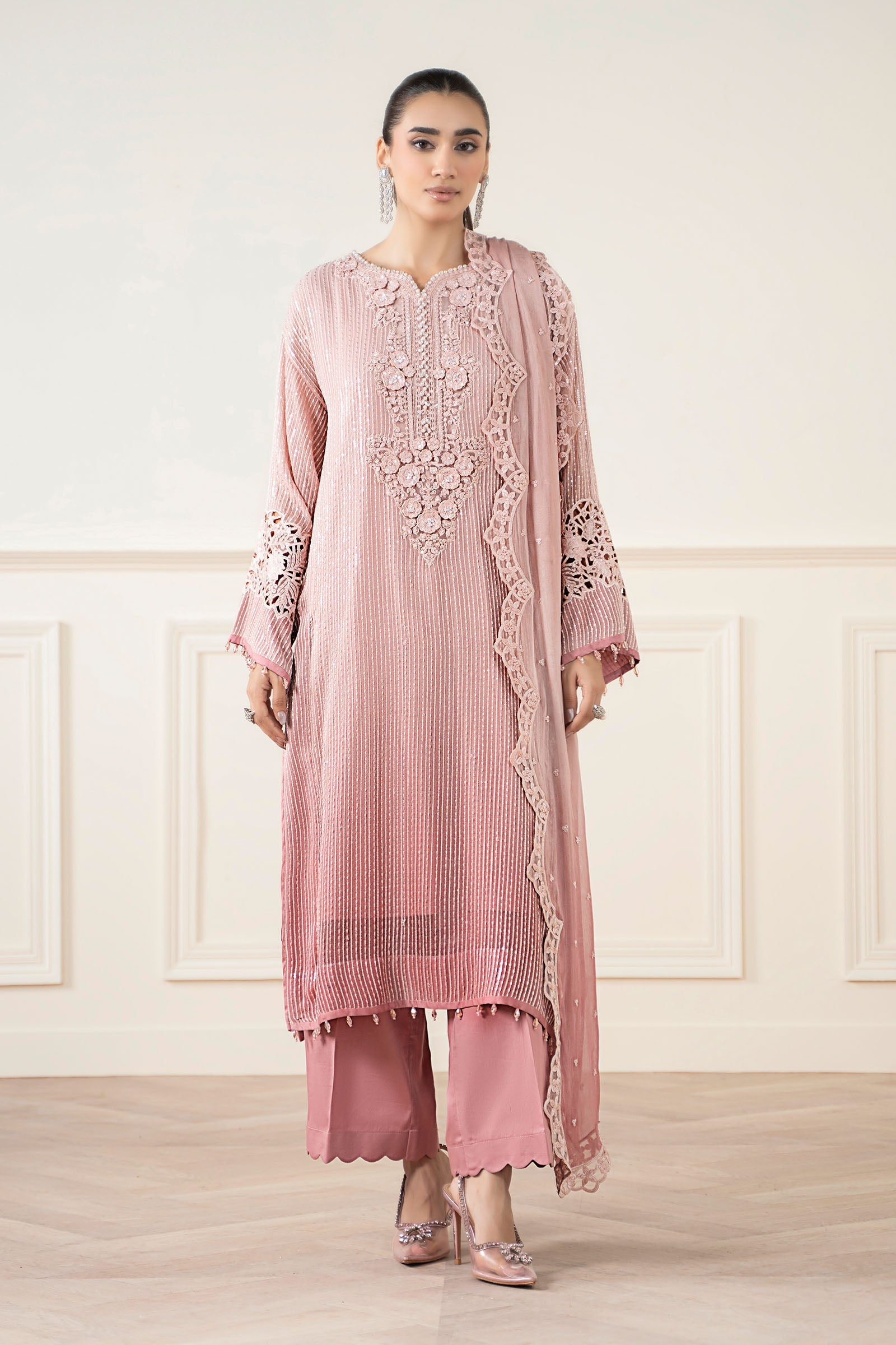 Maria B | Pre Fall Dresses | 3 Piece Embroidered Chiffon Suit Pink - Pakistani Designer Dress - by Maria B - Type : Ladies Clothes - 100% Original at Saira Sultan