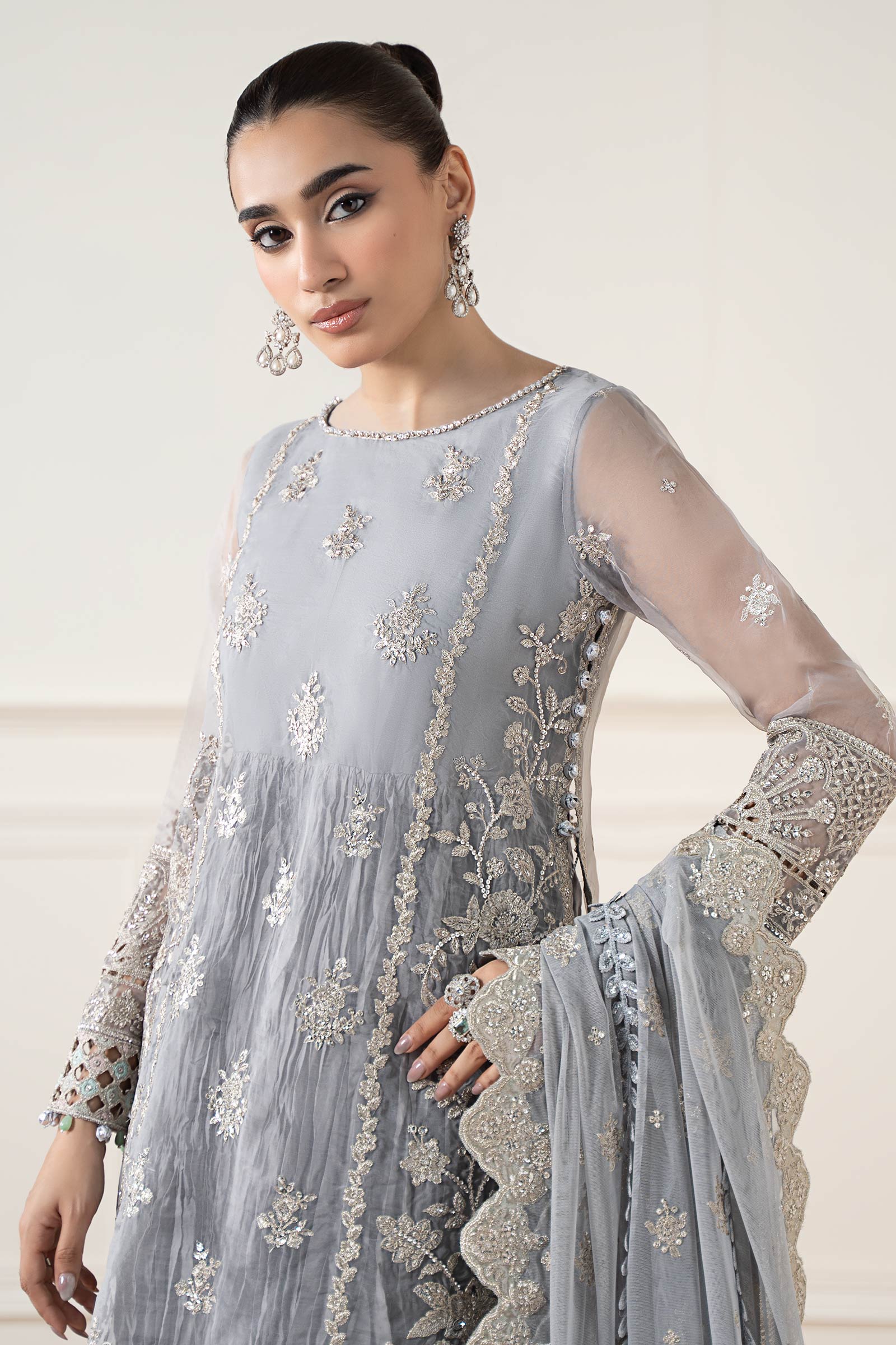 Maria B | Pre Fall Dresses | 3 Piece Embroidered Organza Suit Gray - Pakistani Designer Dress - by Maria B - Type : Ladies Clothes - 100% Original at Saira Sultan