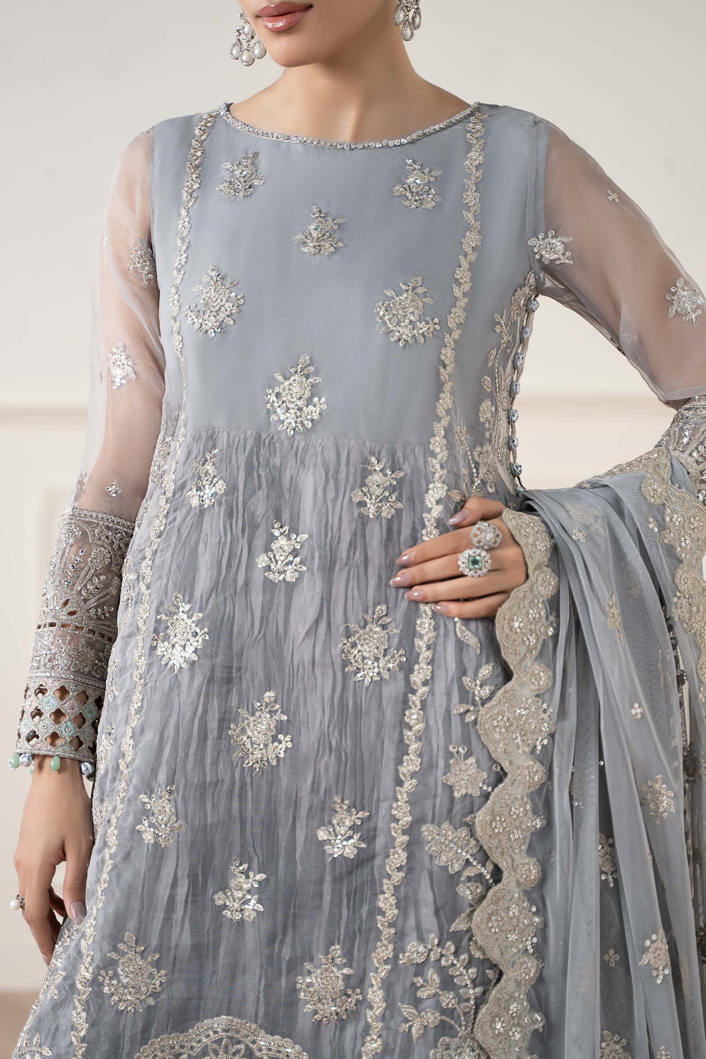 Maria B | Pre Fall Dresses | 3 Piece Embroidered Organza Suit Gray - Pakistani Designer Dress - by Maria B - Type : Ladies Clothes - 100% Original at Saira Sultan