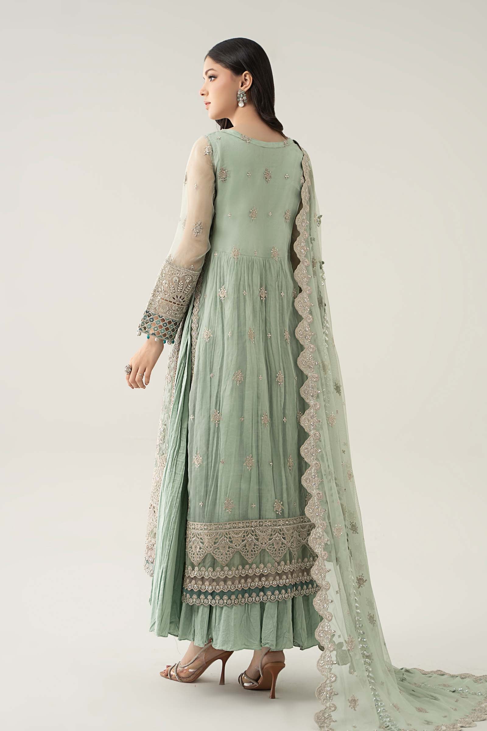 Maria B | Pre Fall Dresses | 3 Piece Embroidered Organza Suit Sea Green - Pakistani Designer Dress - by Maria B - Type : Ladies Clothes - 100% Original at Saira Sultan