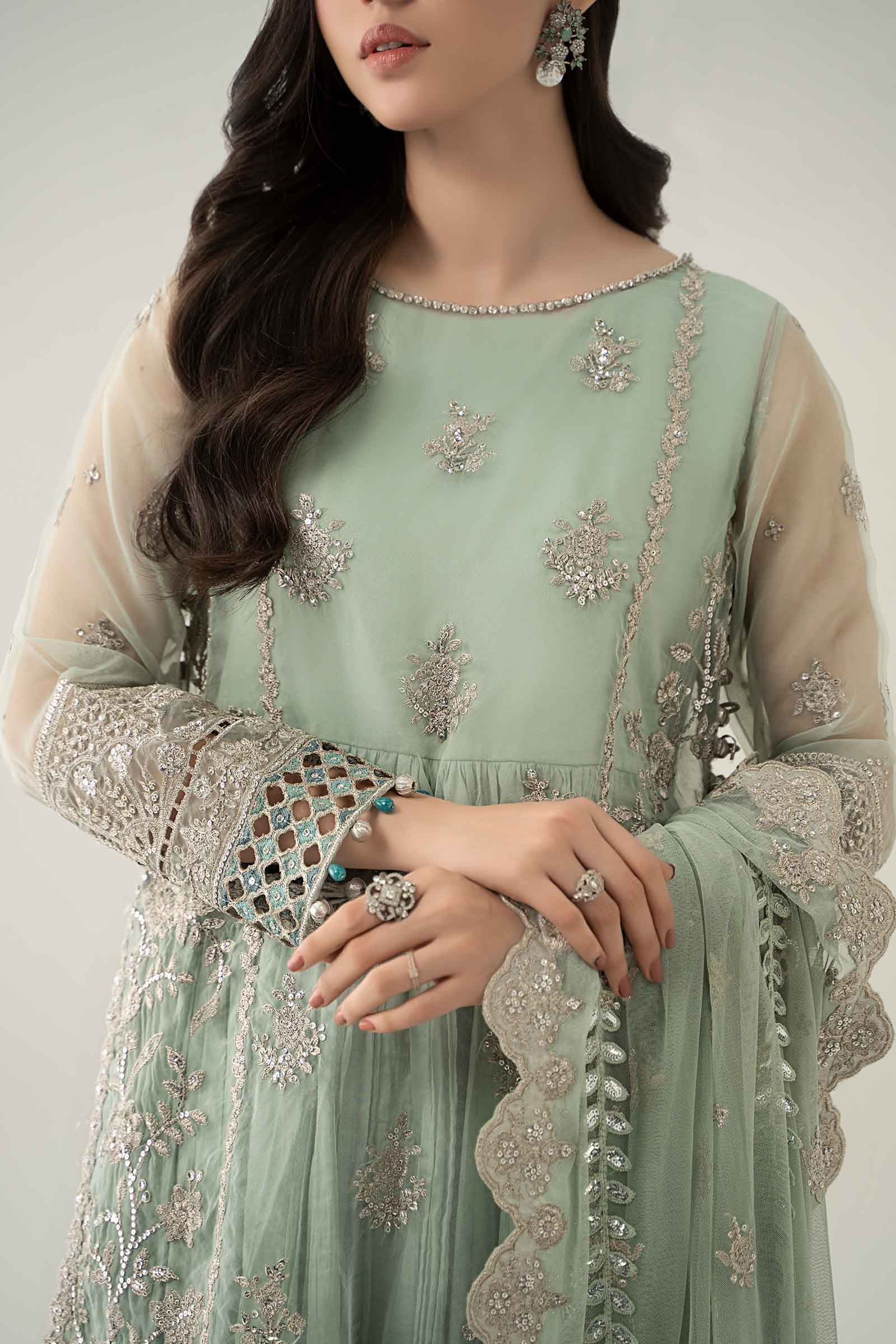 Maria B | Pre Fall Dresses | 3 Piece Embroidered Organza Suit Sea Green - Pakistani Designer Dress - by Maria B - Type : Ladies Clothes - 100% Original at Saira Sultan