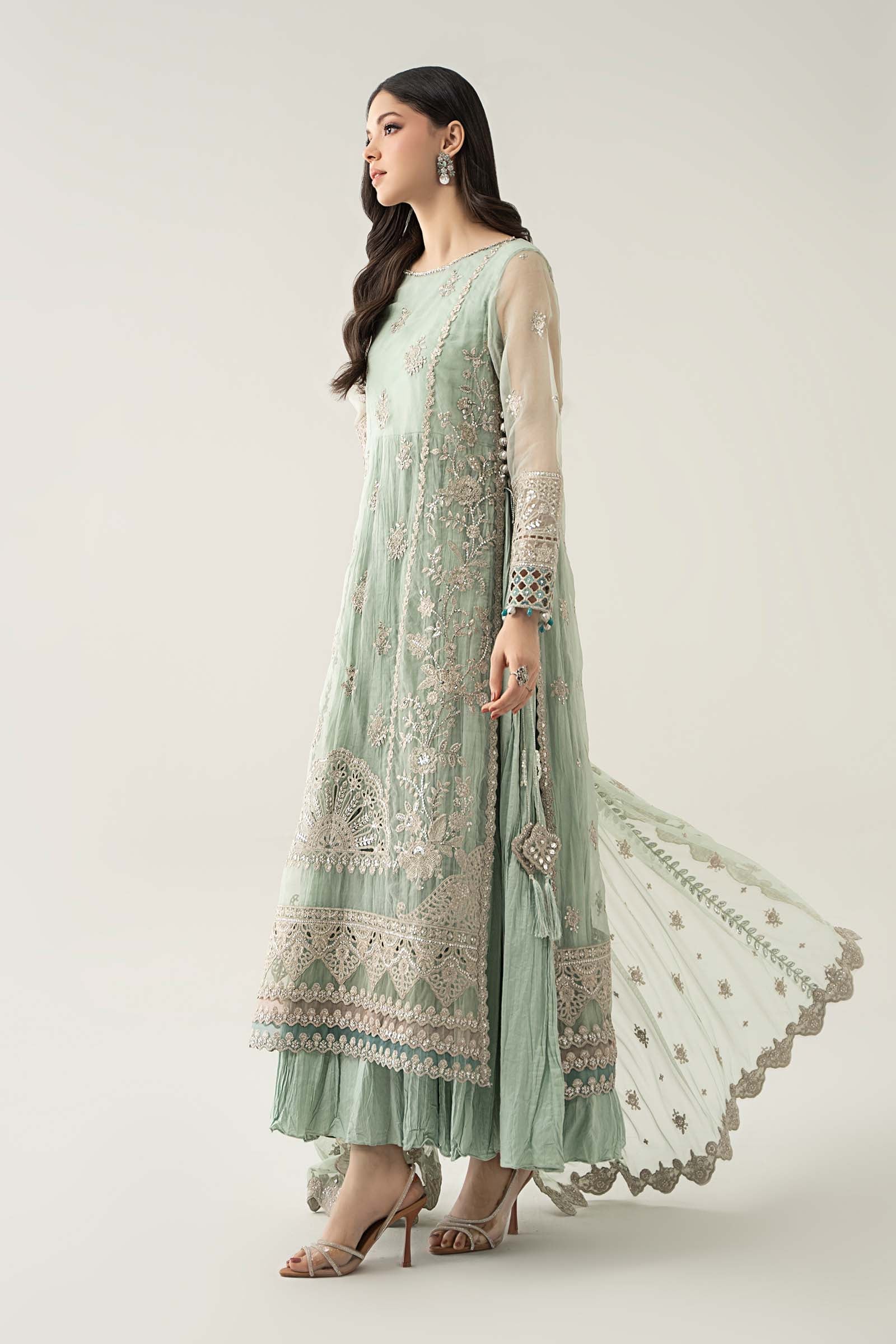 Maria B | Pre Fall Dresses | 3 Piece Embroidered Organza Suit Sea Green - Pakistani Designer Dress - by Maria B - Type : Ladies Clothes - 100% Original at Saira Sultan