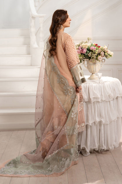 Maria B | Pre Fall Dresses | 3 Piece Embroidered Organza Suit Peach - Pakistani Designer Dress - by Maria B - Type : Ladies Clothes - 100% Original at Saira Sultan