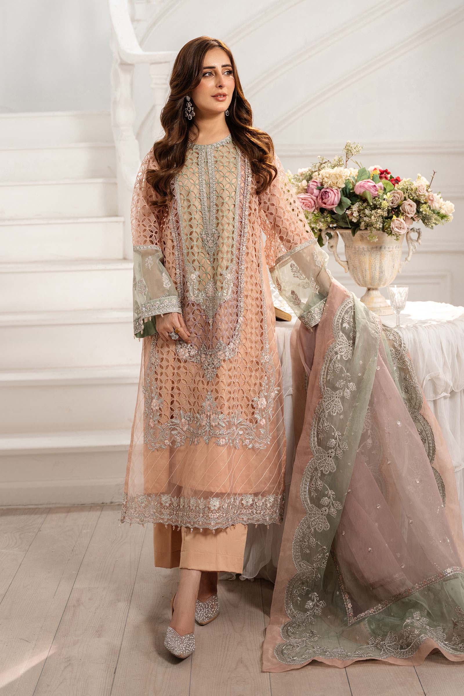 Maria B | Pre Fall Dresses | 3 Piece Embroidered Organza Suit Peach - Pakistani Designer Dress - by Maria B - Type : Ladies Clothes - 100% Original at Saira Sultan