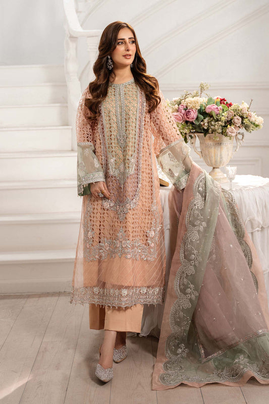 Maria B | Pre Fall Dresses | 3 Piece Embroidered Organza Suit Peach - Pakistani Designer Dress - by Maria B - Type : Ladies Clothes - 100% Original at Saira Sultan