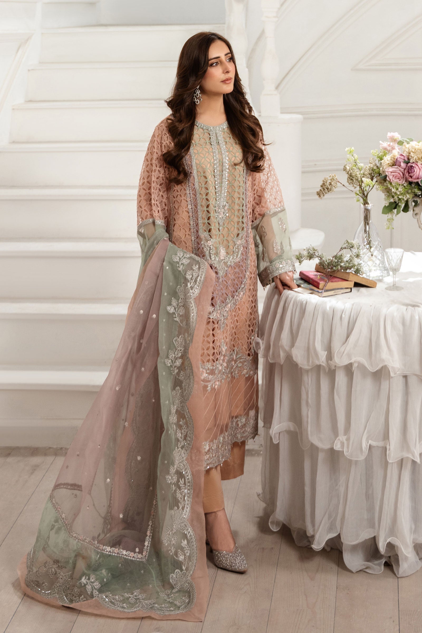 Maria B | Pre Fall Dresses | 3 Piece Embroidered Organza Suit Peach - Pakistani Designer Dress - by Maria B - Type : Ladies Clothes - 100% Original at Saira Sultan