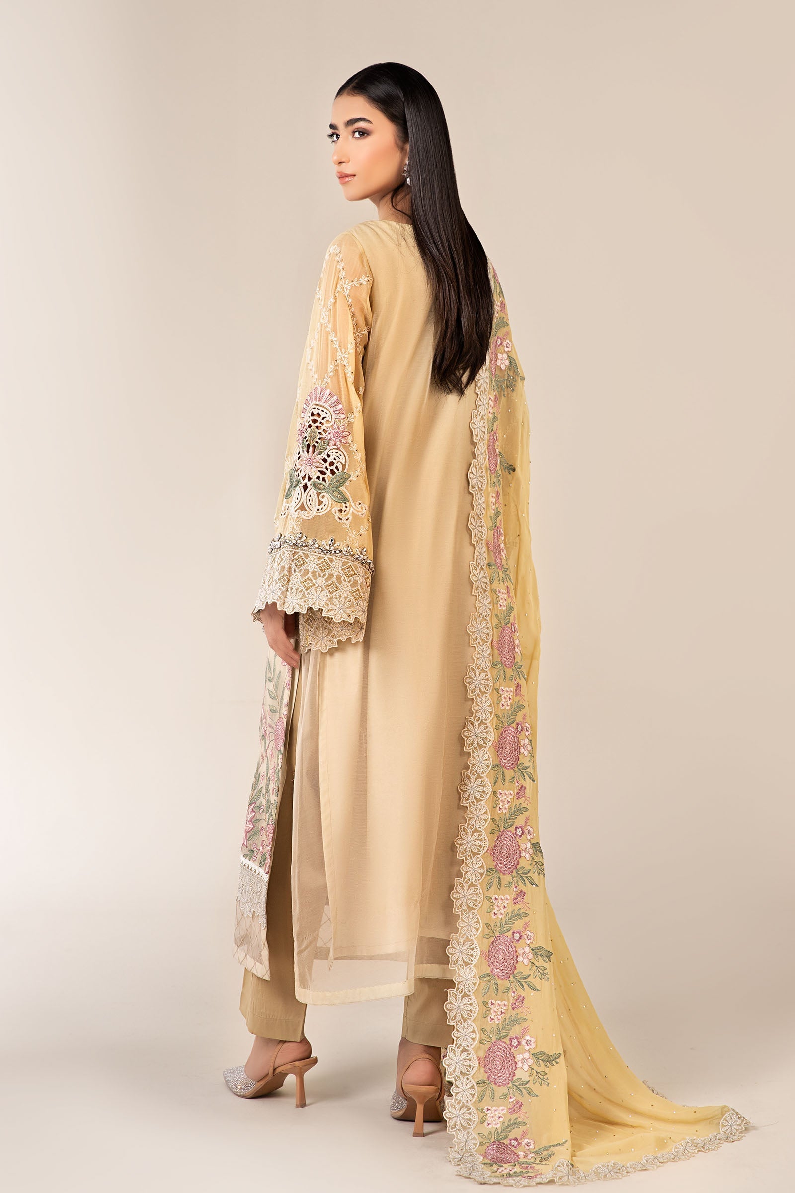 Maria B | Pre Fall Dresses | 3 Piece Embroidered Chiffon Suit Yellow - Pakistani Designer Dress - by Maria B - Type : Ladies Clothes - 100% Original at Saira Sultan