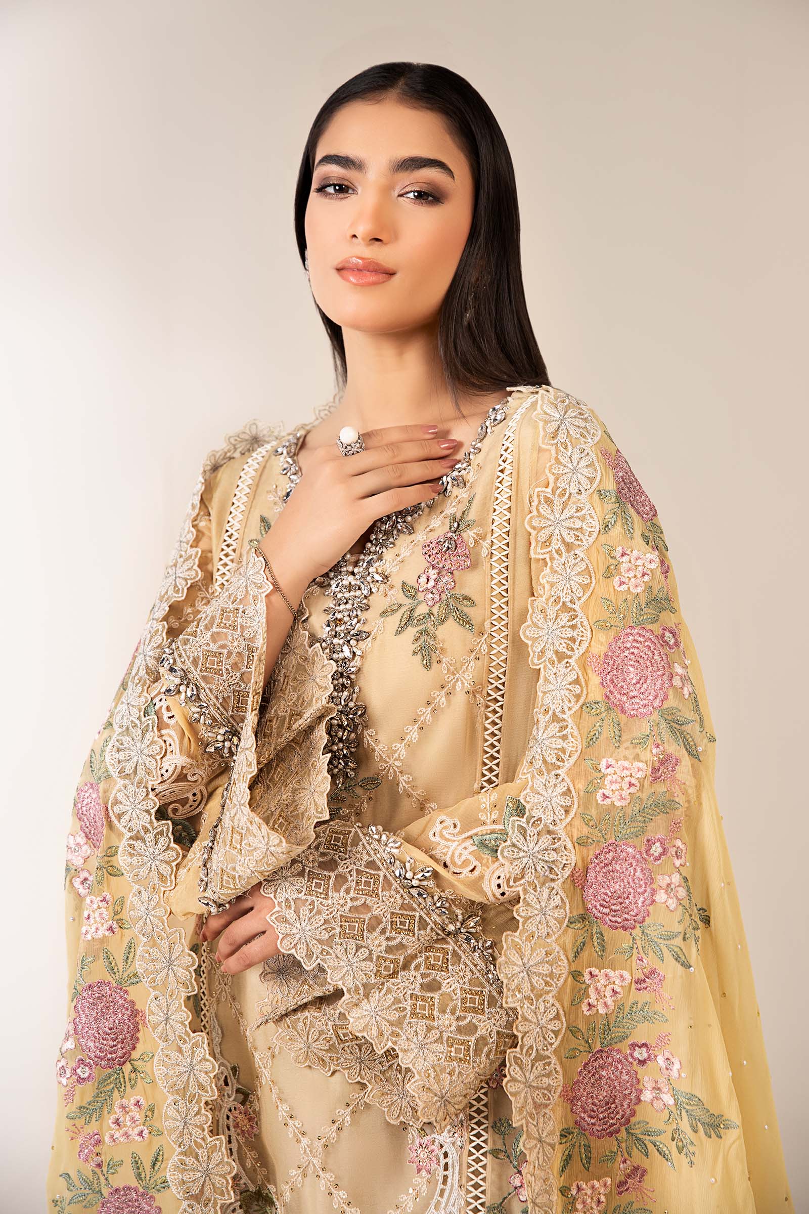 Maria B | Pre Fall Dresses | 3 Piece Embroidered Chiffon Suit Yellow - Pakistani Designer Dress - by Maria B - Type : Ladies Clothes - 100% Original at Saira Sultan