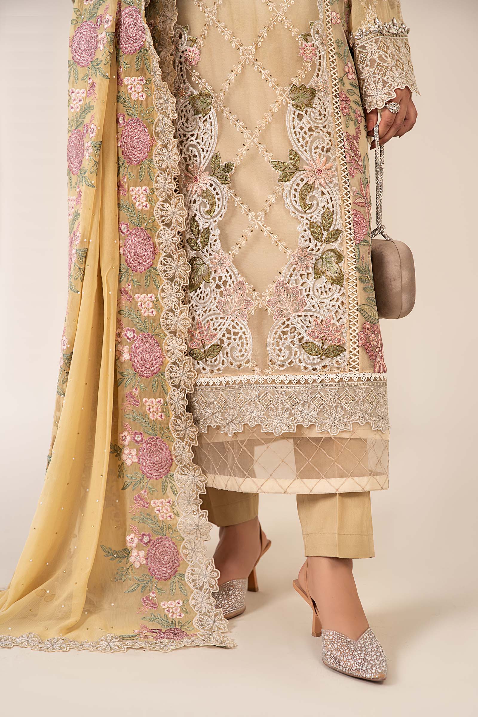 Maria B | Pre Fall Dresses | 3 Piece Embroidered Chiffon Suit Yellow - Pakistani Designer Dress - by Maria B - Type : Ladies Clothes - 100% Original at Saira Sultan