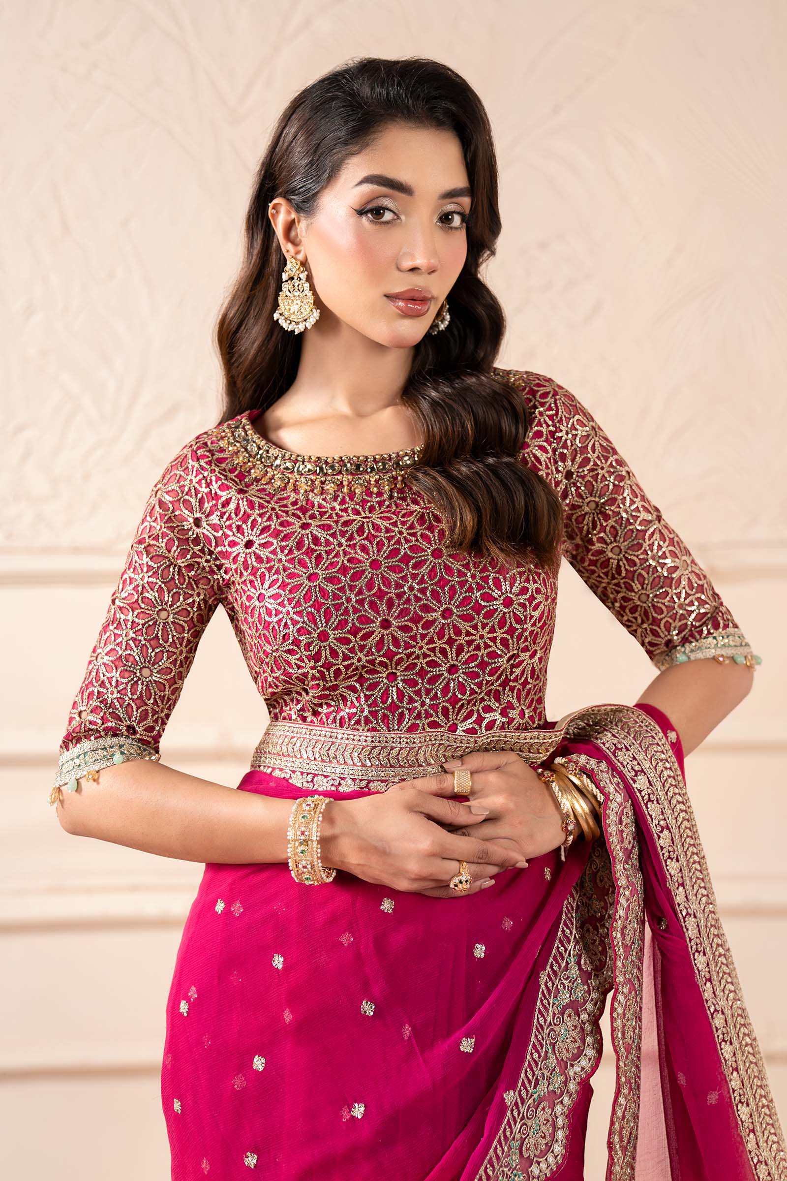 Maria B | Pre Fall Dresses | Embroidered Chiffon Saree ZW - Pakistani Designer Dress - by Maria B - Type : Ladies Clothes - 100% Original at Saira Sultan
