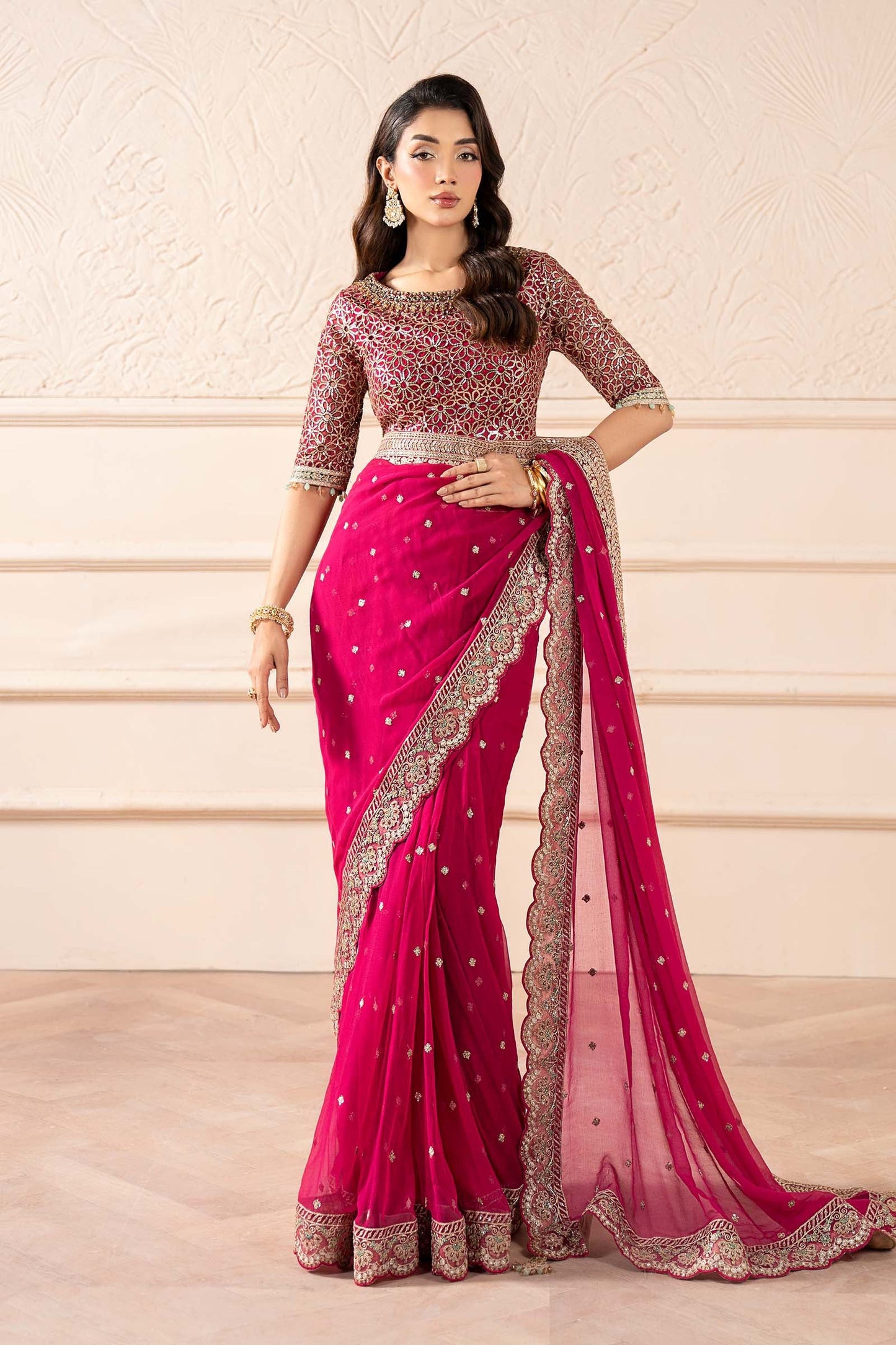 Maria B | Pre Fall Dresses | Embroidered Chiffon Saree ZW - Pakistani Designer Dress - by Maria B - Type : Ladies Clothes - 100% Original at Saira Sultan