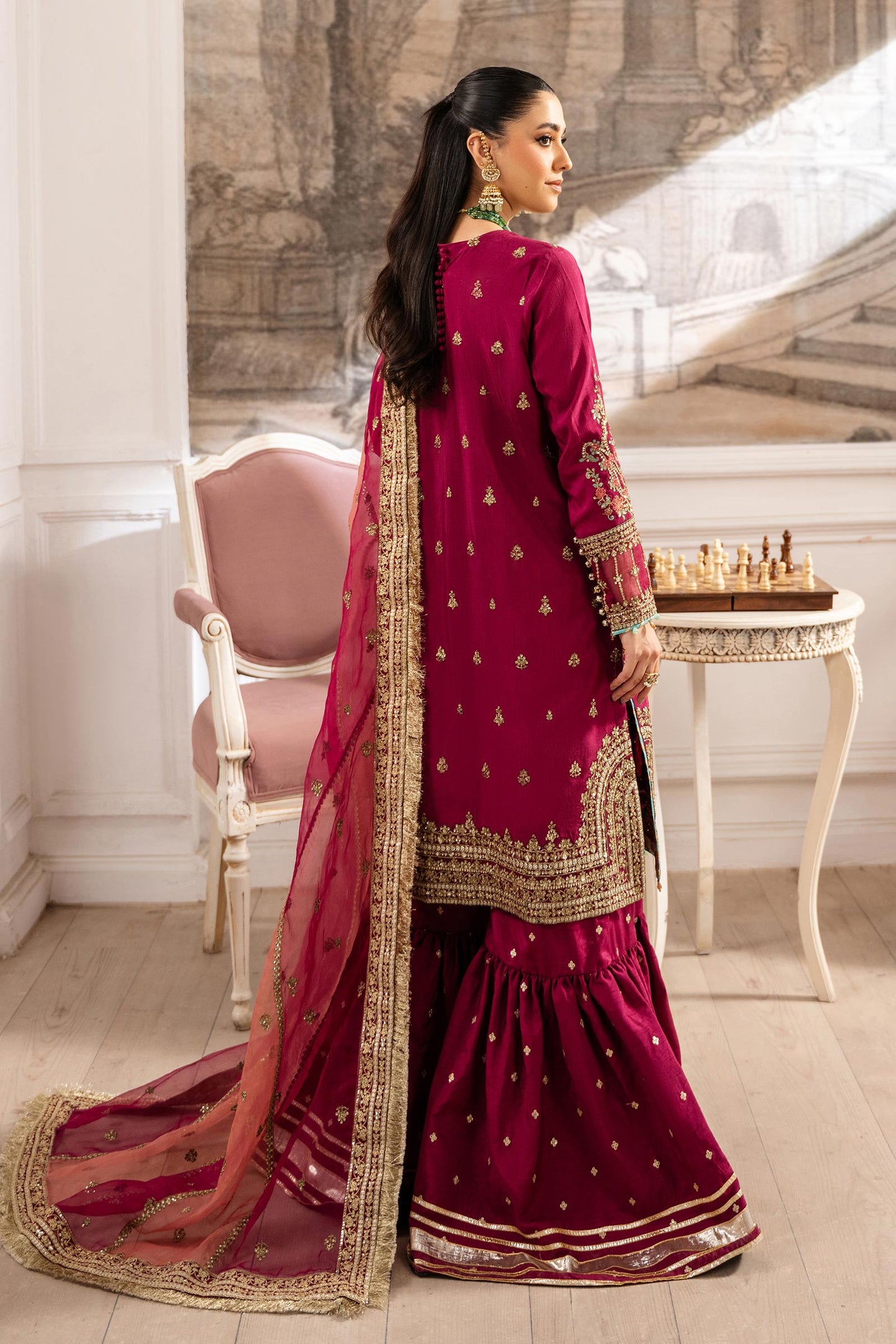 Maria B | Pre Fall Dresses | 3 Piece Embroidered Raw Silk Suit Redish Pink - Pakistani Designer Dress - by Maria B - Type : Ladies Clothes - 100% Original at Saira Sultan