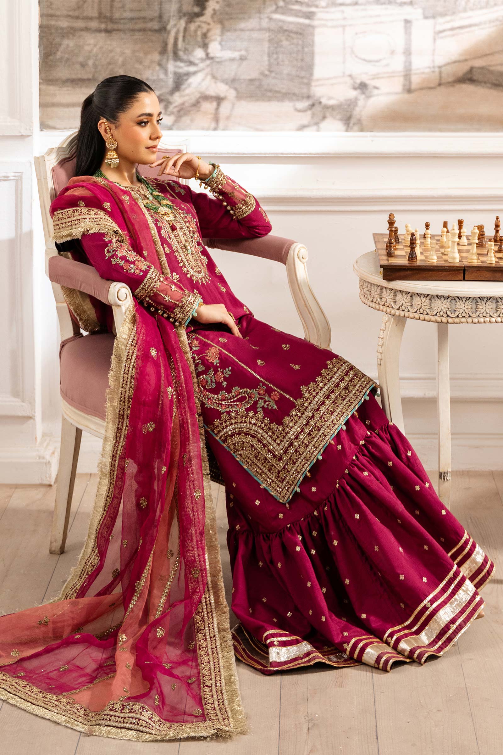 Maria B | Pre Fall Dresses | 3 Piece Embroidered Raw Silk Suit Redish Pink - Pakistani Designer Dress - by Maria B - Type : Ladies Clothes - 100% Original at Saira Sultan