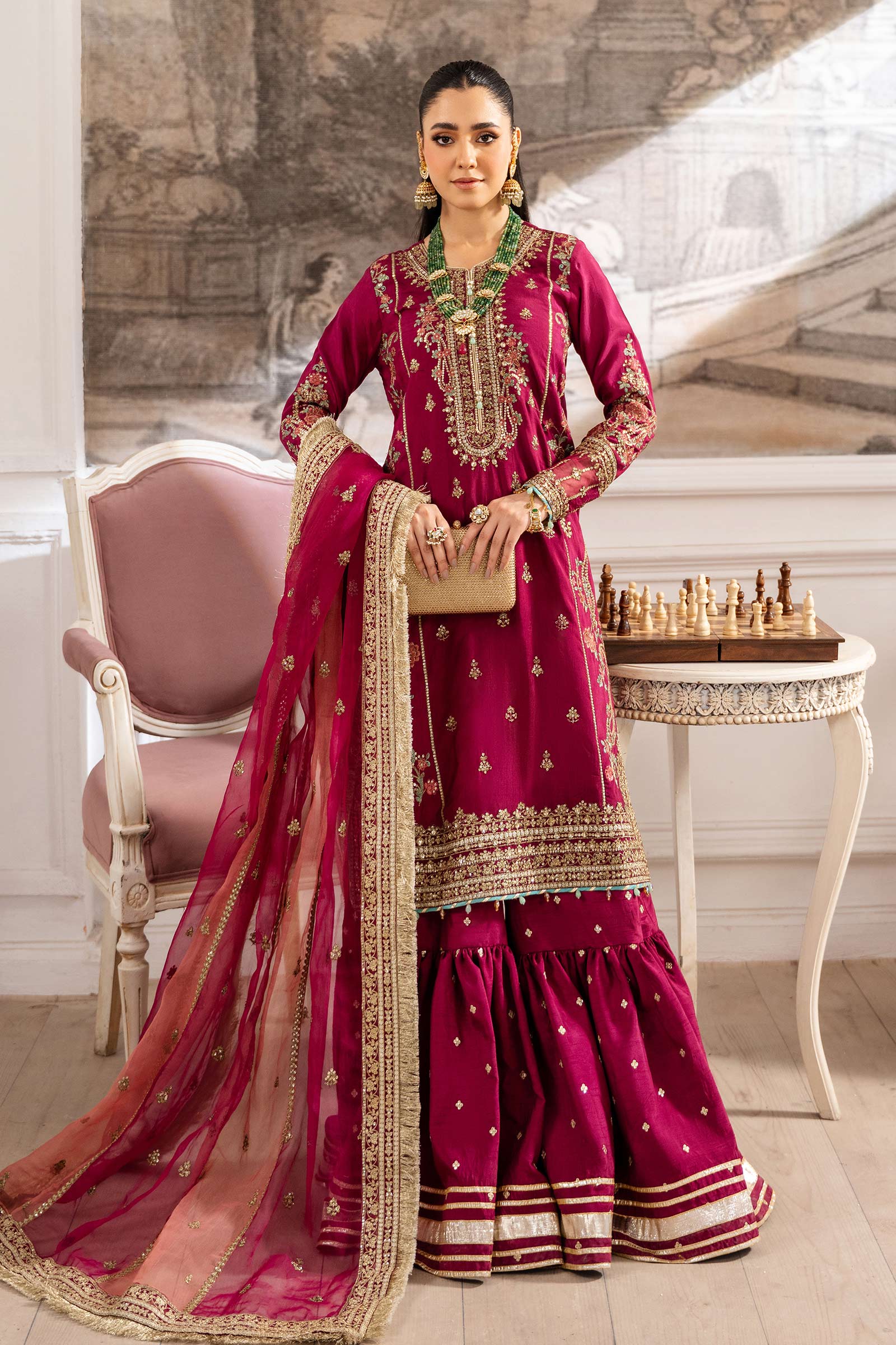 Maria B | Pre Fall Dresses | 3 Piece Embroidered Raw Silk Suit Redish Pink - Pakistani Designer Dress - by Maria B - Type : Ladies Clothes - 100% Original at Saira Sultan