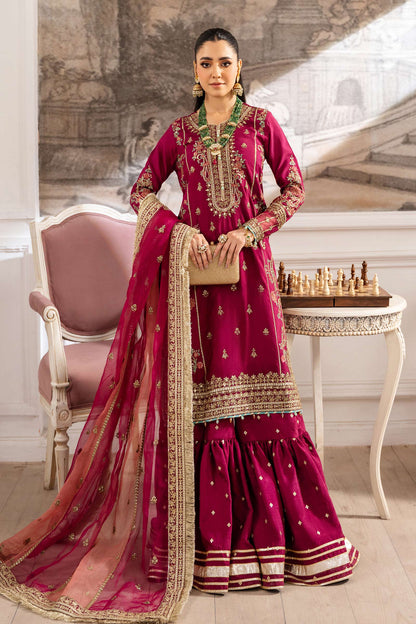 Maria B | Pre Fall Dresses | 3 Piece Embroidered Raw Silk Suit Redish Pink - Pakistani Designer Dress - by Maria B - Type : Ladies Clothes - 100% Original at Saira Sultan