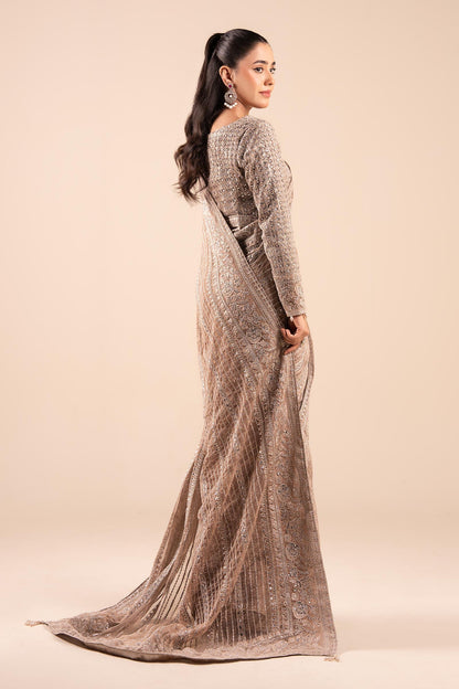 Maria B | Pre Fall Dresses | Embroidered Net Saree Light Skin - Pakistani Designer Dress - by Maria B - Type : Ladies Clothes - 100% Original at Saira Sultan
