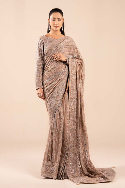Maria B | Pre Fall Dresses | Embroidered Net Saree Light Skin - Pakistani Designer Dress - by Maria B - Type : Ladies Clothes - 100% Original at Saira Sultan