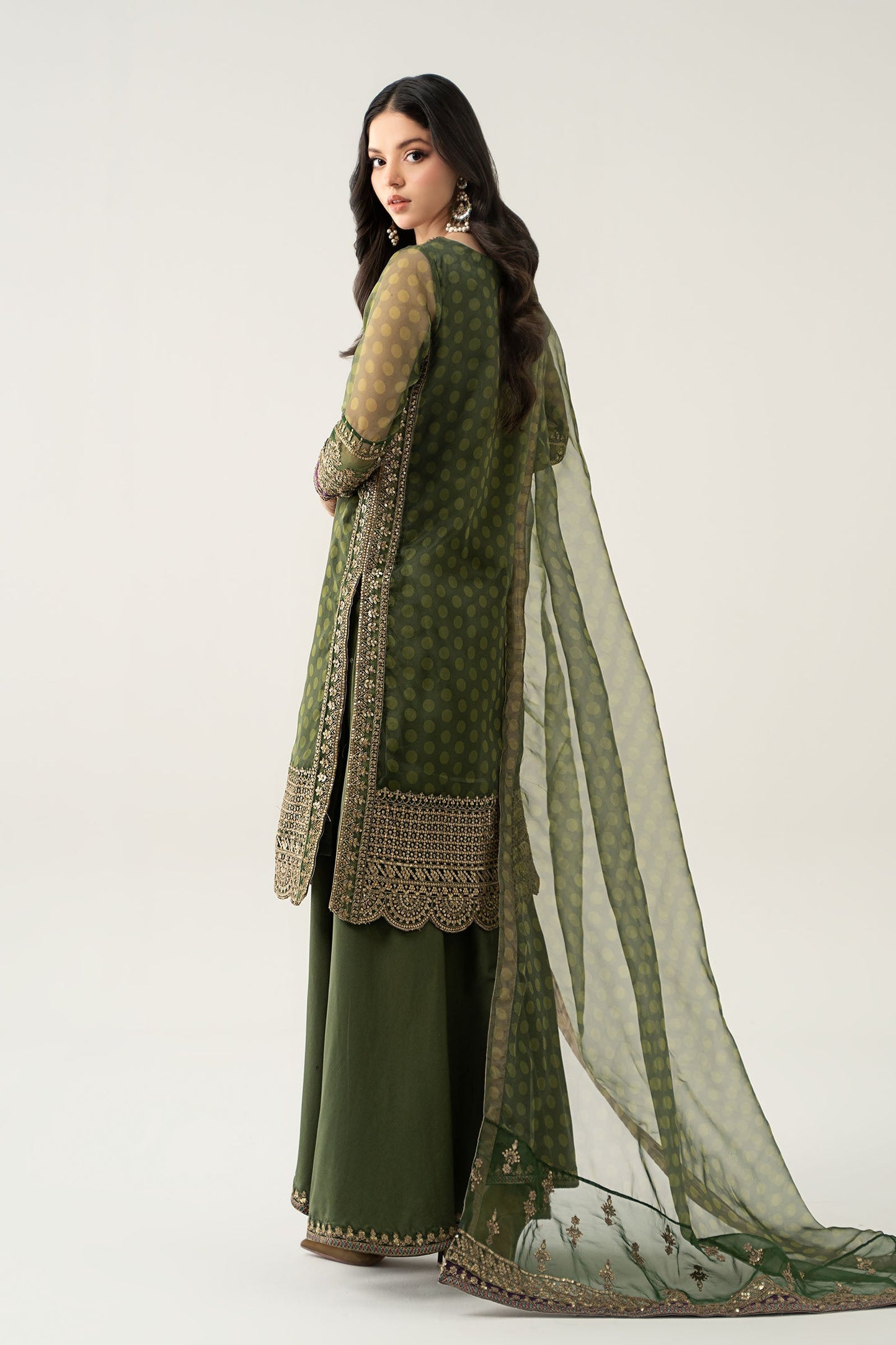 Maria B | Pre Fall Dresses | 3 Piece Embroidered Suit Deep Olive Green - Pakistani Designer Dress - by Maria B - Type : Ladies Clothes - 100% Original at Saira Sultan