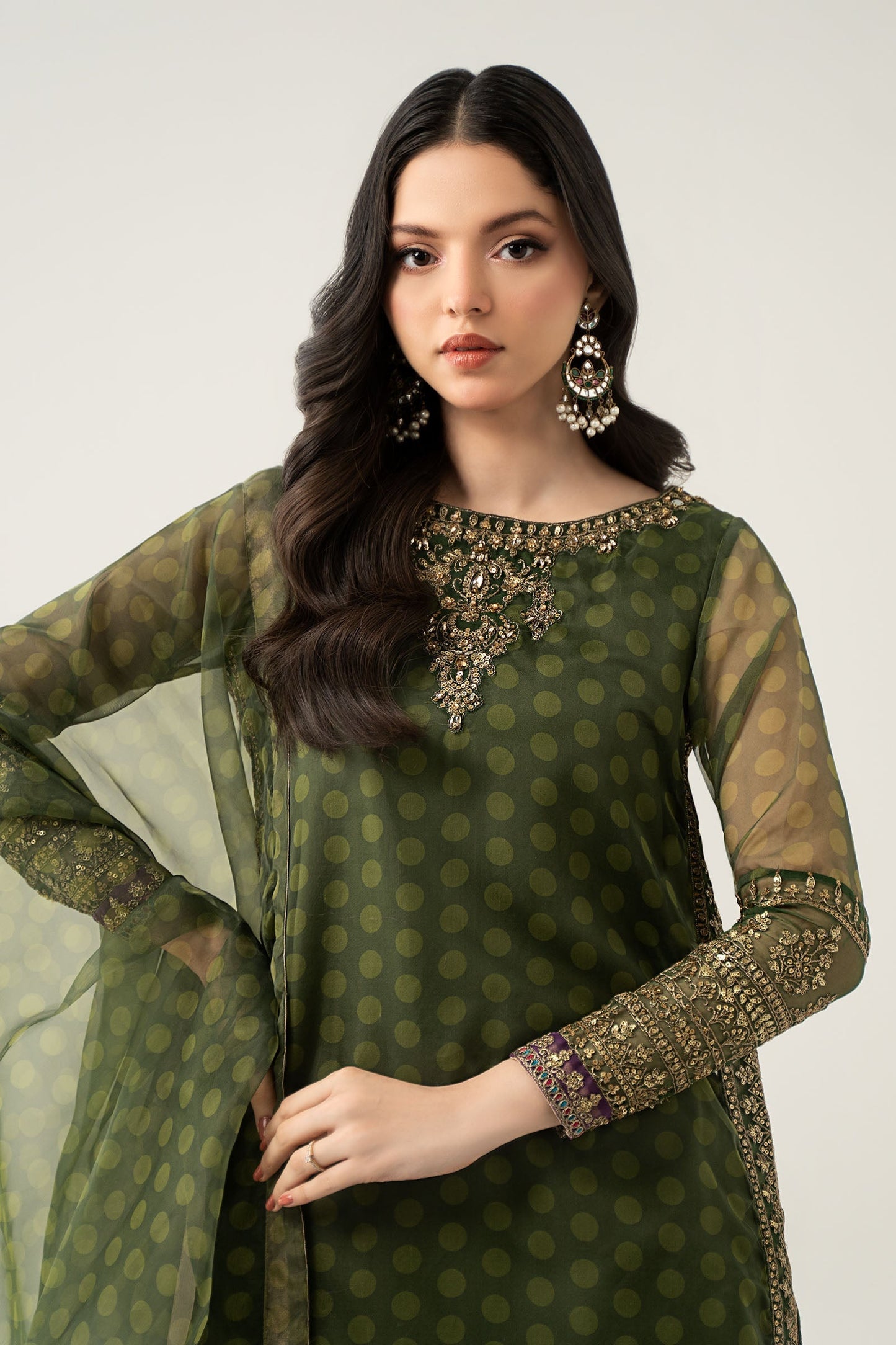 Maria B | Pre Fall Dresses | 3 Piece Embroidered Suit Deep Olive Green - Pakistani Designer Dress - by Maria B - Type : Ladies Clothes - 100% Original at Saira Sultan