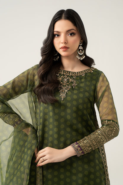 Maria B | Pre Fall Dresses | 3 Piece Embroidered Suit Deep Olive Green - Pakistani Designer Dress - by Maria B - Type : Ladies Clothes - 100% Original at Saira Sultan