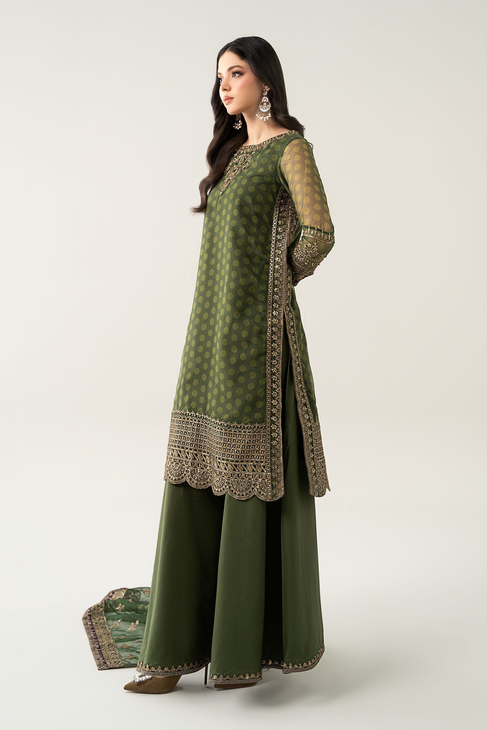 Maria B | Pre Fall Dresses | 3 Piece Embroidered Suit Deep Olive Green - Pakistani Designer Dress - by Maria B - Type : Ladies Clothes - 100% Original at Saira Sultan