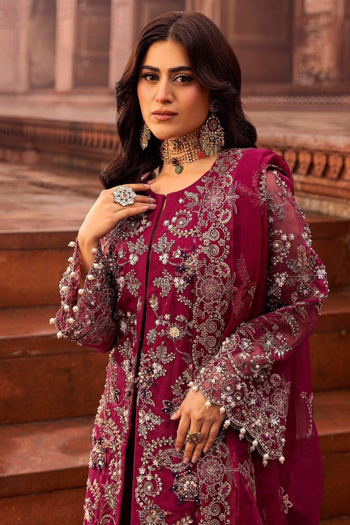 Motifz | Bridal Couture | 0013-HEER EMBROIDERED ORGANZA STITCHED XL Fuchsia Pink Organza