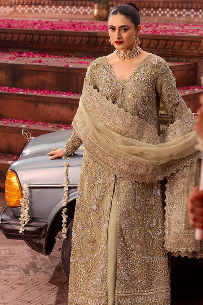 Motifz | Bridal Couture | 0017-PARINAZ EMBROIDERED ORGANZA STITCHED L Olive Haze Organza