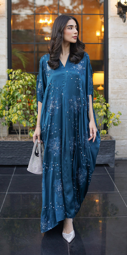 Erum Khan | Velvet Wisper | Dusky Horizon XS Teal Blue Silk