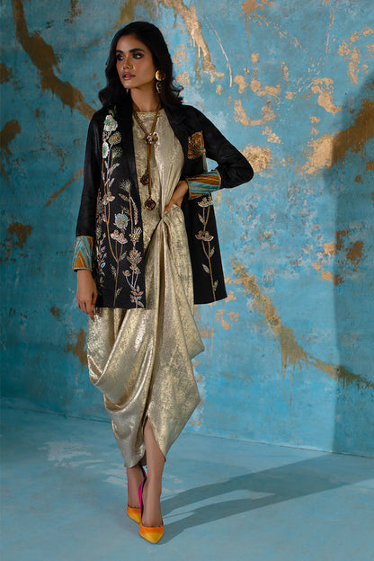Wardha Saleem | Luxury Pret Fusion Wear | NOVA LUX - JACKET S Black Rod Silk